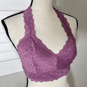 Felina Lace Bralette Bra size L Purple Racerback Unlined Halter Top Boho Womens